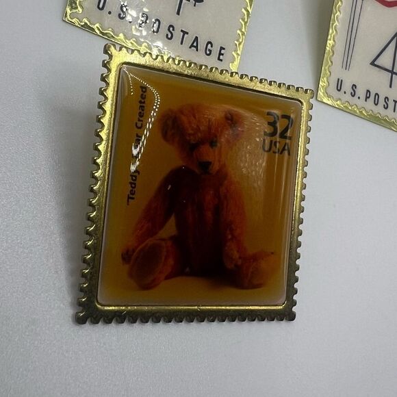 American Flag Stamp Earrings and Teddy Bear Stamp Brooch - Picture 3 of 7